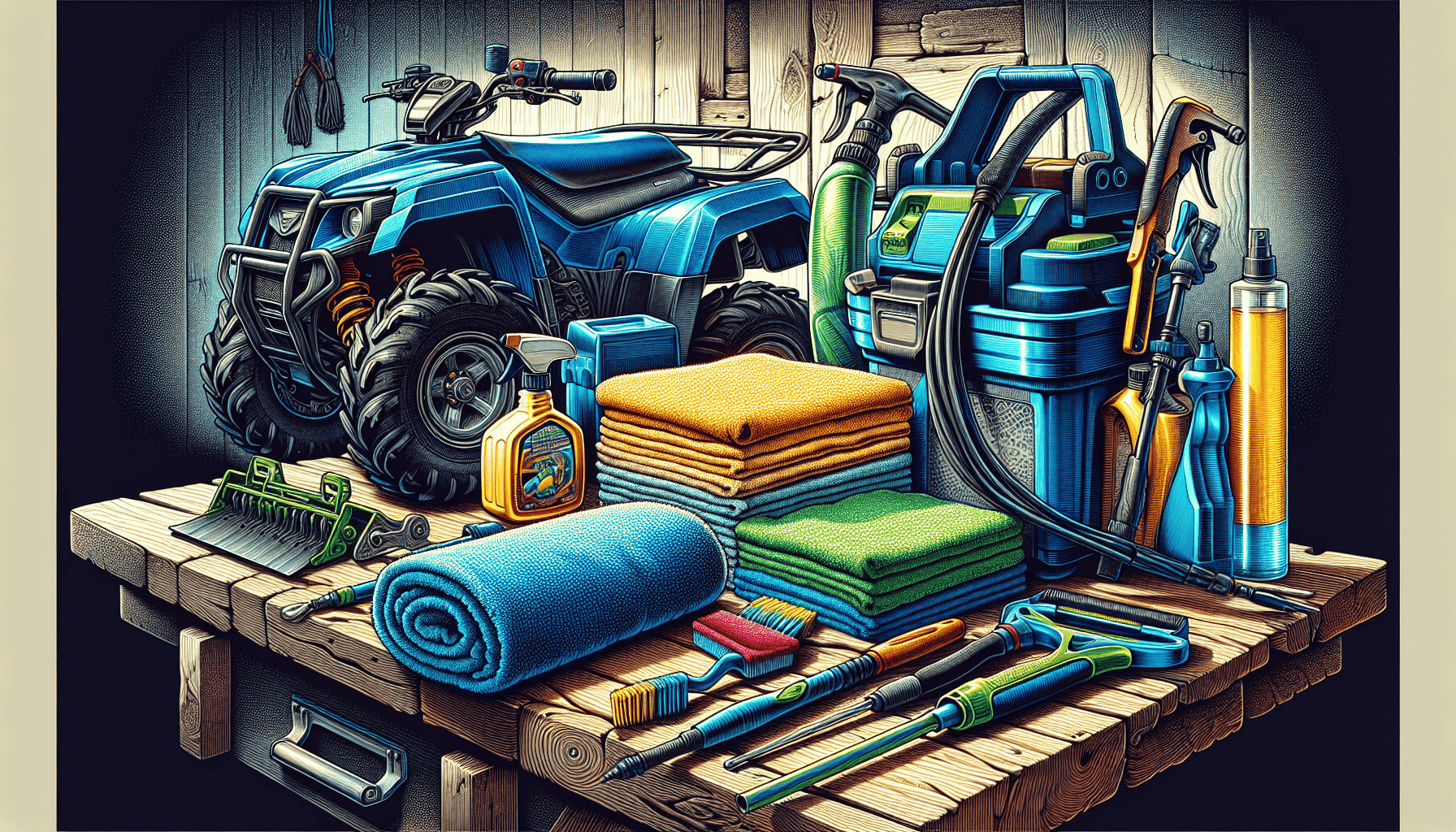 A collection of great tools for cleaning your ATV, including a pressure washer and cleaning agents.