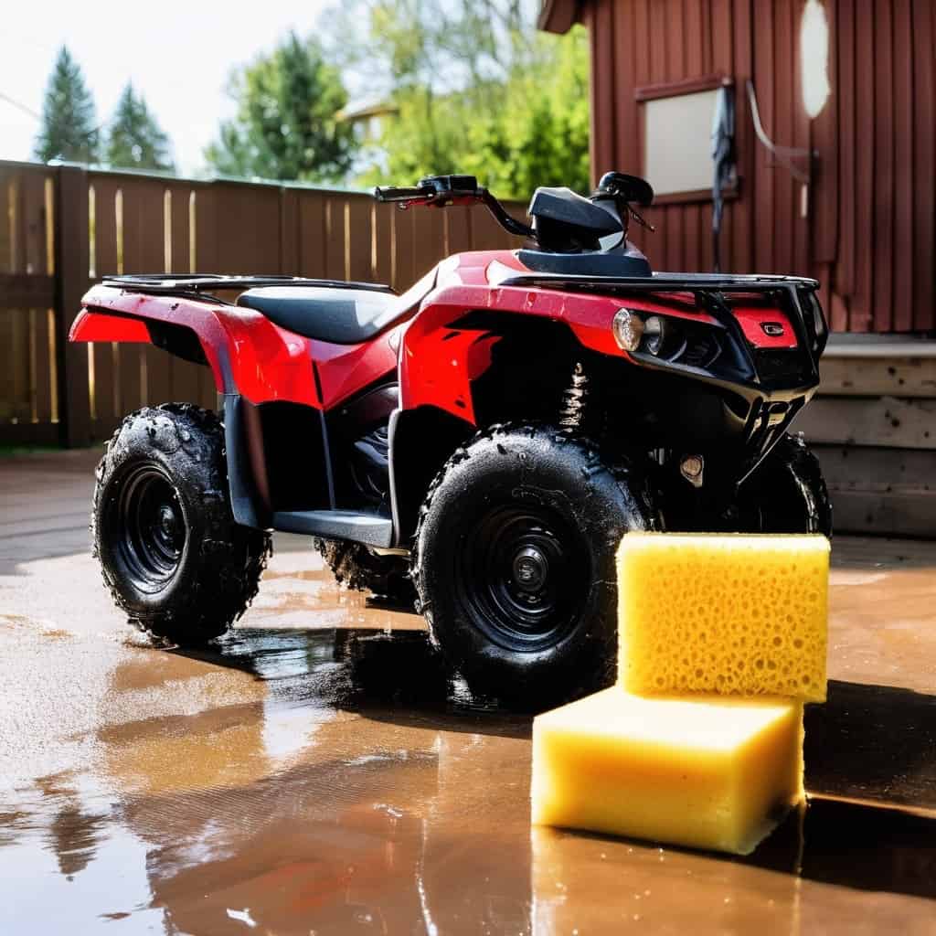 Preparation steps before washing your ATV, focusing on rinsing the vehicle completely.