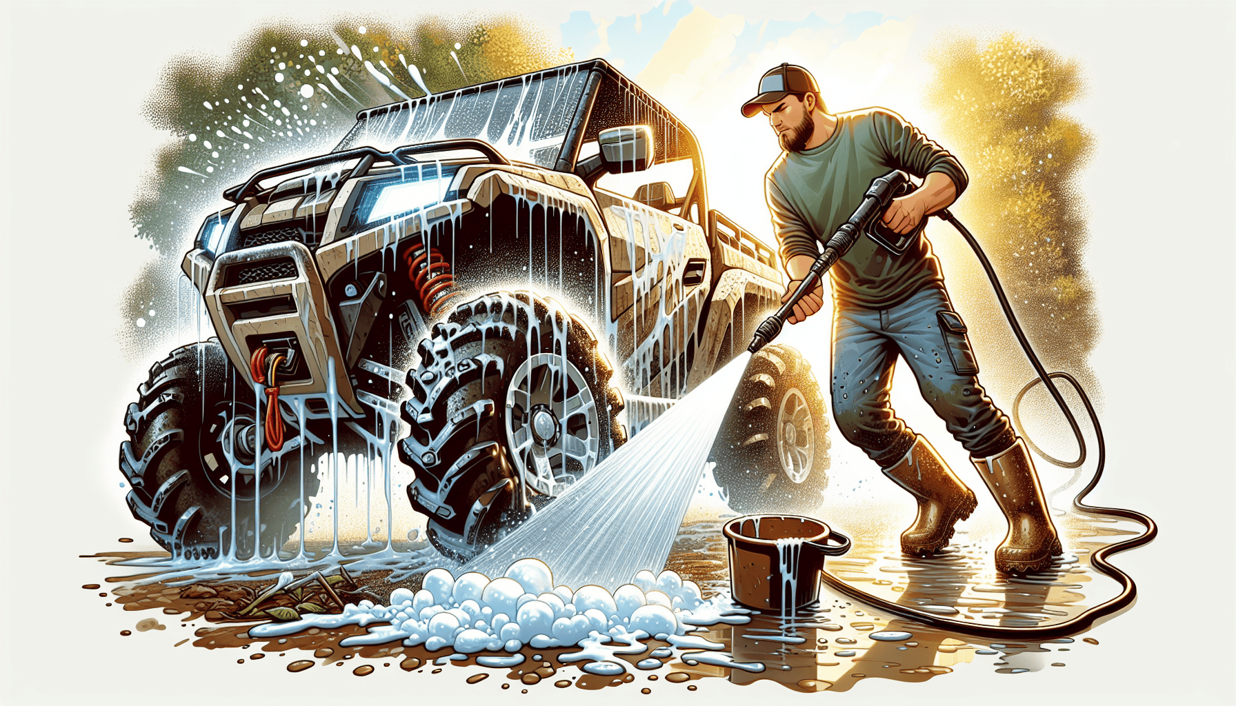 The main washing process for an ATV, highlighting the use of soap and scrub.